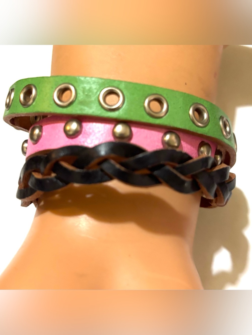 Green and Pink Leather Studded Bracelet Set